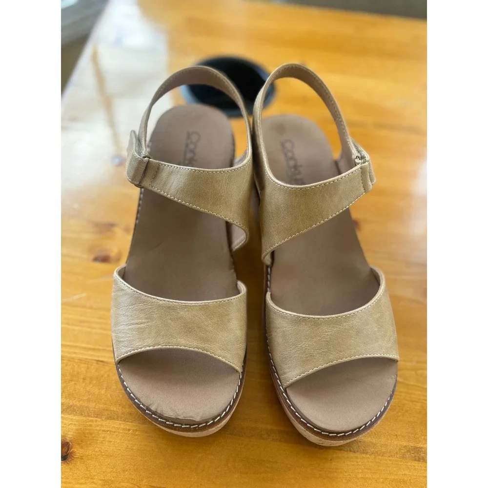 Corkys Footwear Womens Metallic Champagne Cork Wedge Sandals Size 9 Ankle Strap